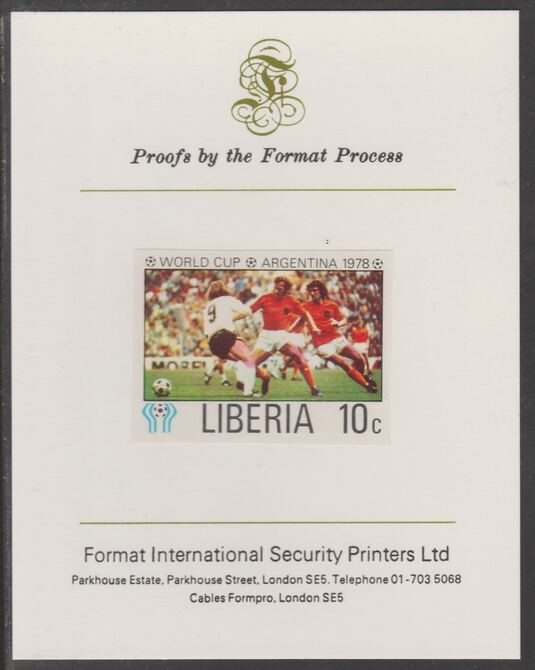 Liberia 1978 Football World Cup 10c imperf proof mounted on Format International proof card, as SG 1343, stamps on , stamps on  stamps on football, stamps on  stamps on sport