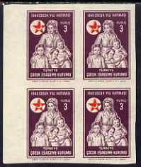 Turkey 1949 Postal Tax Child Welfare 3k Nurse & Children imperf block of 4 unmounted mint, stamps on , stamps on  stamps on red cross, stamps on  stamps on medical, stamps on  stamps on children, stamps on  stamps on nurses