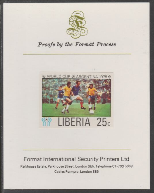 Liberia 1978 Football World Cup 25c imperf proof mounted on Format International proof card, as SG 1344, stamps on , stamps on  stamps on football, stamps on  stamps on sport