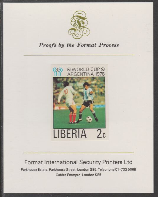 Liberia 1978 Football World Cup 2c imperf proof mounted on Format International proof card, as SG 1341, stamps on football, stamps on sport
