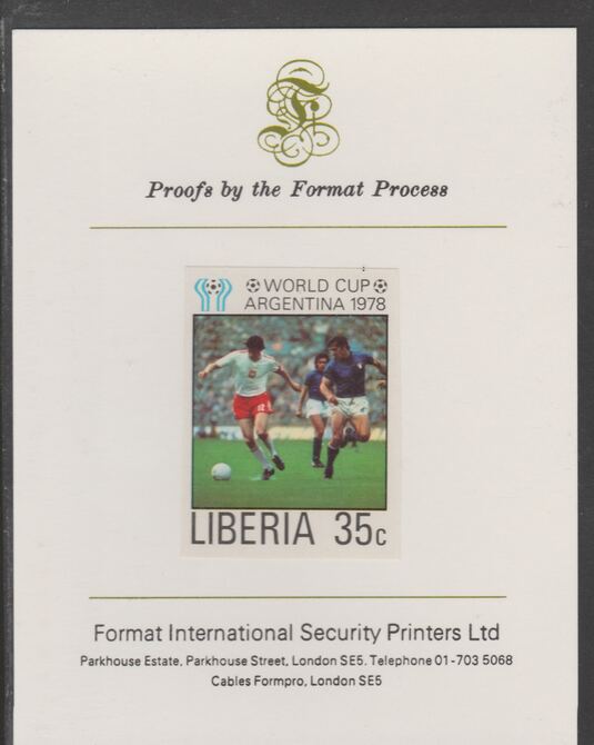 Liberia 1978 Football World Cup 35c imperf proof mounted on Format International proof card, as SG 1345, stamps on football, stamps on sport