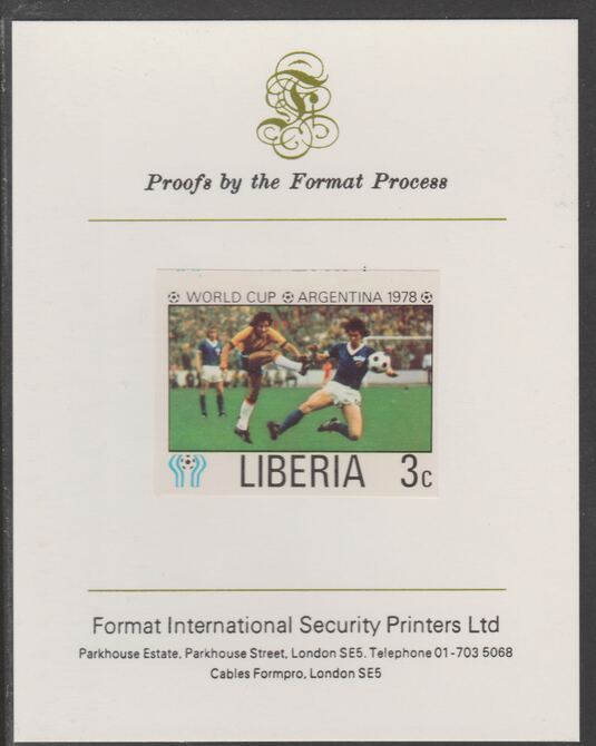 Liberia 1978 Football World Cup 3c imperf proof mounted on Format International proof card, as SG 1342, stamps on football, stamps on sport