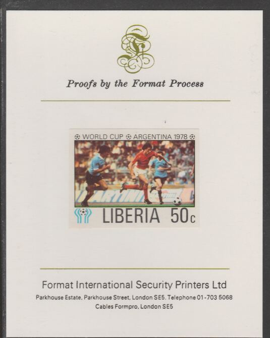 Liberia 1978 Football World Cup 50c imperf proof mounted on Format International proof card, as SG 1346, stamps on , stamps on  stamps on football, stamps on  stamps on sport