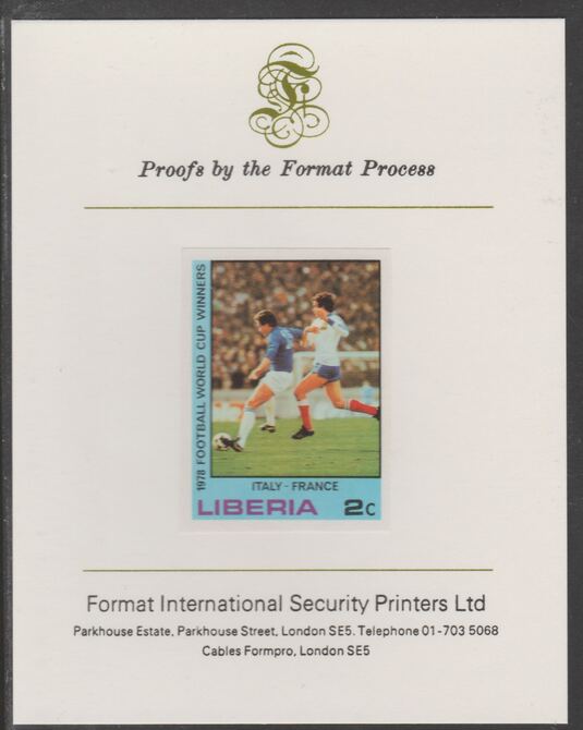 Liberia 1978 Football World Cup Winners 2c Italy v France imperf proof mounted on Format International proof card, as SG 1357, stamps on , stamps on  stamps on football, stamps on  stamps on sport