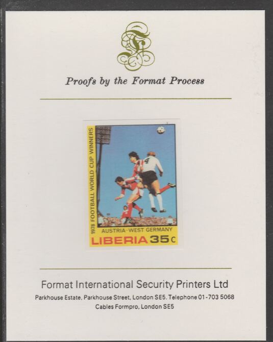 Liberia 1978 Football World Cup Winners 35c Austria v W Germany imperf proof mounted on Format International proof card, as SG 1360, stamps on , stamps on  stamps on football, stamps on  stamps on sport