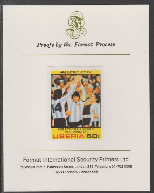 Liberia 1978 Football World Cup Winners 50c Argentina with Cup imperf proof mounted on Format International proof card, as SG 1361, stamps on , stamps on  stamps on football, stamps on  stamps on sport