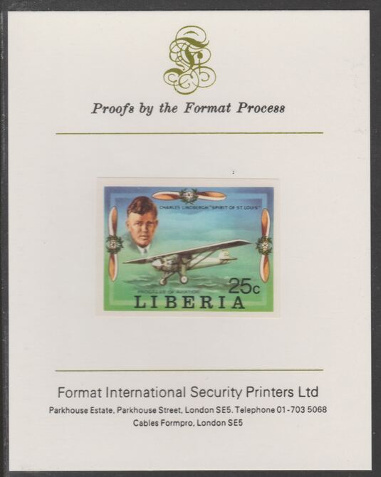 Liberia 1978 Progress in Aviation 25c Charles Lindbergh & Spirit of St Louis imperf proof mounted on Format International proof card, as SG 1330, stamps on , stamps on  stamps on aviation, stamps on flying boats, stamps on dornier, stamps on shuttle, stamps on douglas, stamps on dc-3, stamps on wright, stamps on bleriot