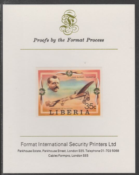 Liberia 1978 Progress in Aviation 35c Louis Bleriot & Monoplane imperf proof mounted on Format International proof card, as SG 1331, stamps on aviation, stamps on flying boats, stamps on dornier, stamps on shuttle, stamps on douglas, stamps on dc-3, stamps on wright, stamps on bleriot