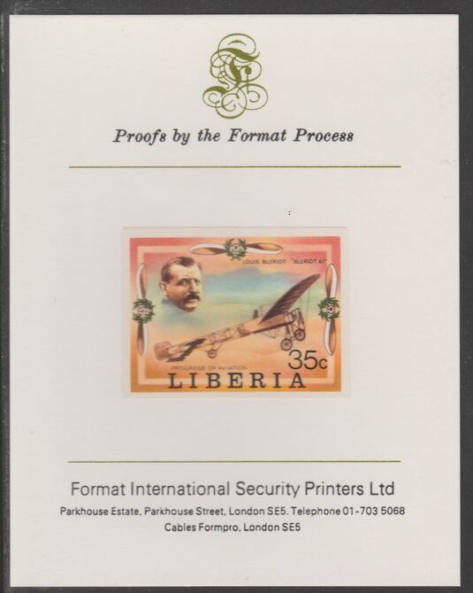 Liberia 1978 Progress in Aviation 35c Louis Bleriot & Monoplane imperf proof mounted on Format International proof card, as SG 1331, stamps on , stamps on  stamps on aviation, stamps on flying boats, stamps on dornier, stamps on shuttle, stamps on douglas, stamps on dc-3, stamps on wright, stamps on bleriot