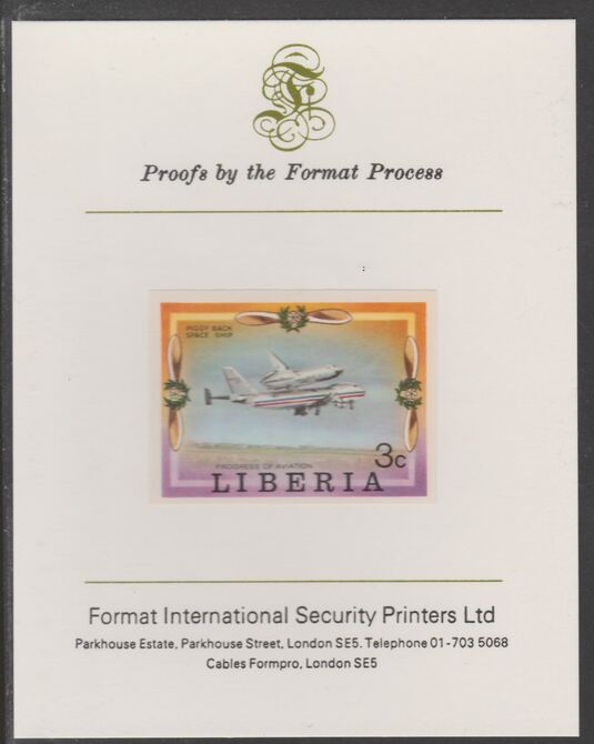 Liberia 1978 Progress in Aviation 3c Space Shuttle imperf proof mounted on Format International proof card, as SG 1328, stamps on , stamps on  stamps on aviation, stamps on flying boats, stamps on dornier, stamps on shuttle, stamps on douglas, stamps on dc-3, stamps on wright, stamps on bleriot