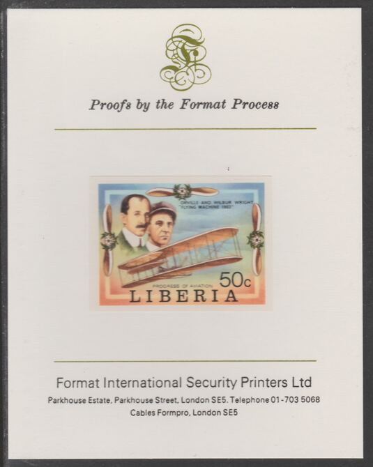 Liberia 1978 Progress in Aviation 50c Wright Brothers & Flyer I imperf proof mounted on Format International proof card, as SG 1332, stamps on , stamps on  stamps on aviation, stamps on flying boats, stamps on dornier, stamps on shuttle, stamps on douglas, stamps on dc-3, stamps on wright, stamps on bleriot