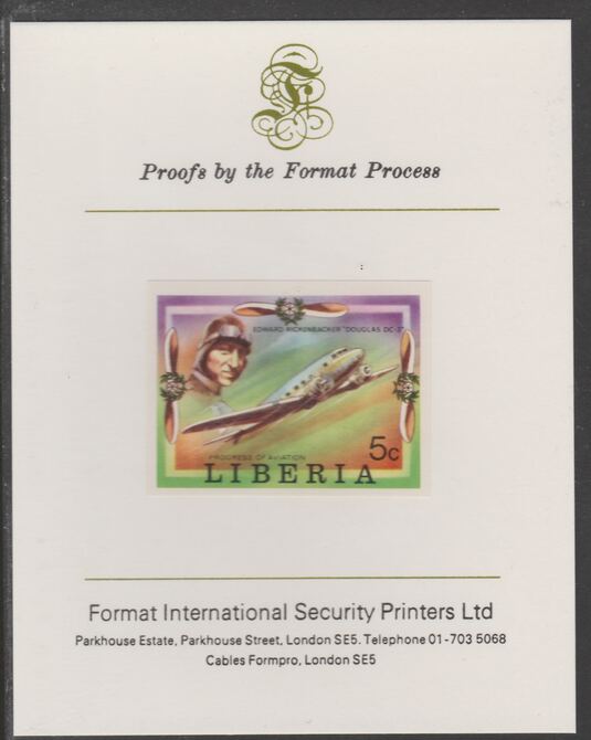 Liberia 1978 Progress in Aviation 5c Douglad DC-3 imperf proof mounted on Format International proof card, as SG 1329