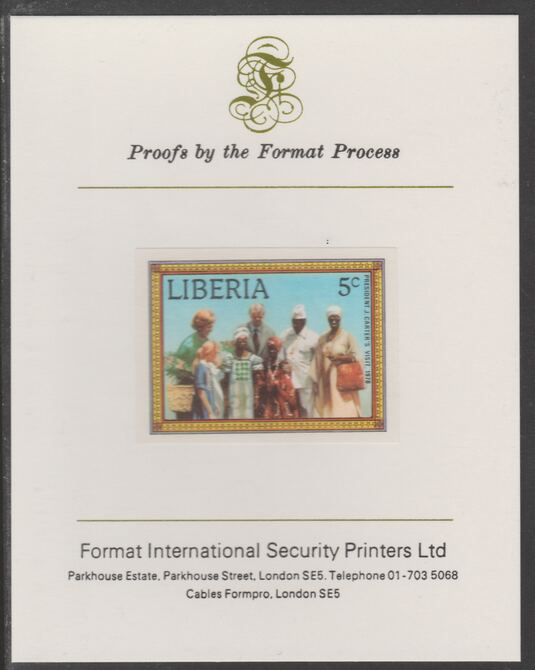 Liberia 1978 Visit by President Carter 5c imperf proof mounted on Format International proof card, as SG 1353, stamps on , stamps on  stamps on americana, stamps on  stamps on us presidents, stamps on  stamps on carter, stamps on  stamps on 