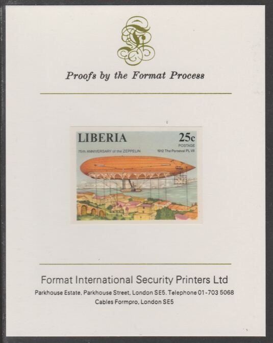 Liberia 1978 Zeppelin Anniversary 25c imperf proof mounted on Format International proof card, as SG 1337, stamps on aviation, stamps on airships, stamps on zeppelins
