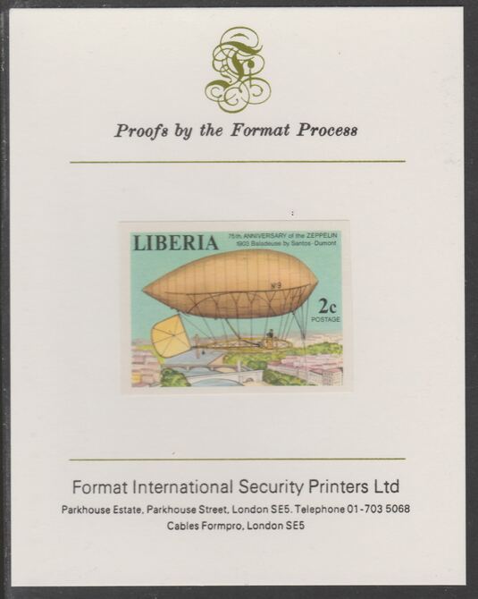Liberia 1978 Zeppelin Anniversary 2c imperf proof mounted on Format International proof card, as SG 1334, stamps on aviation, stamps on airships, stamps on zeppelins
