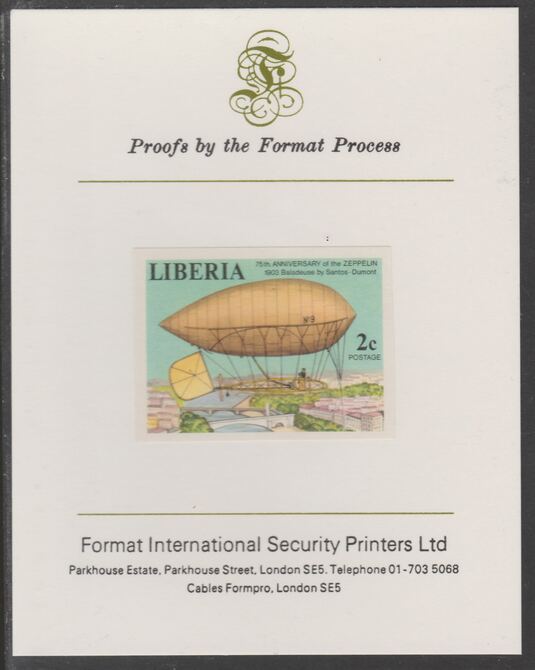 Liberia 1978 Zeppelin Anniversary 2c imperf proof mounted on Format International proof card, as SG 1334, stamps on , stamps on  stamps on aviation, stamps on  stamps on airships, stamps on  stamps on zeppelins