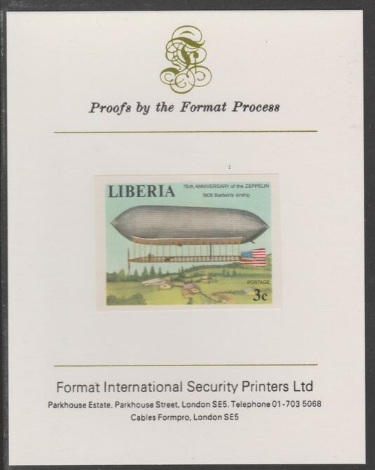 Liberia 1978 Zeppelin Anniversary 3c imperf proof mounted on Format International proof card, as SG 1335, stamps on aviation, stamps on airships, stamps on zeppelins