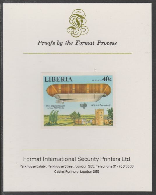 Liberia 1978 Zeppelin Anniversary 40c imperf proof mounted on Format International proof card, as SG 1338, stamps on aviation, stamps on airships, stamps on zeppelins