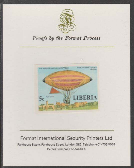 Liberia 1978 Zeppelin Anniversary 5c imperf proof mounted on Format International proof card, as SG 1336, stamps on , stamps on  stamps on aviation, stamps on  stamps on airships, stamps on  stamps on zeppelins