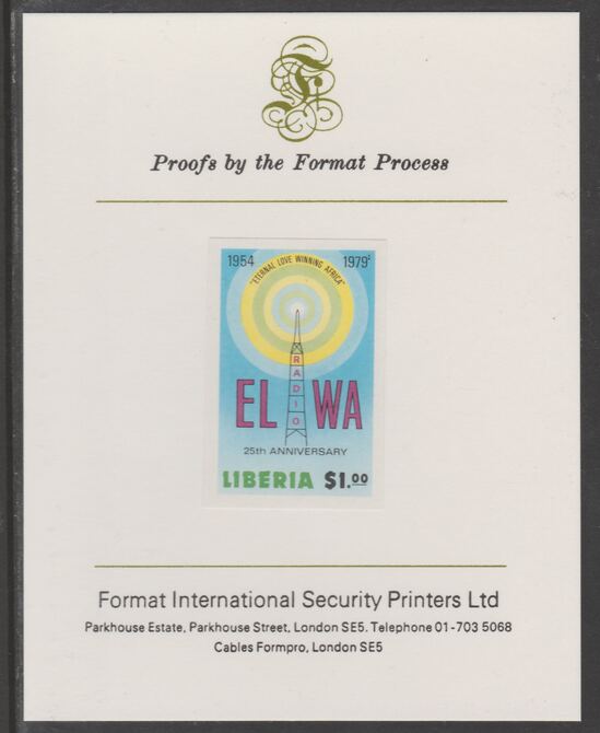 Liberia 1979 25th Anniversary of Radio ELWA $1 imperf proof mounted on Format International proof card, as SG 1370, stamps on , stamps on  stamps on radio, stamps on communications