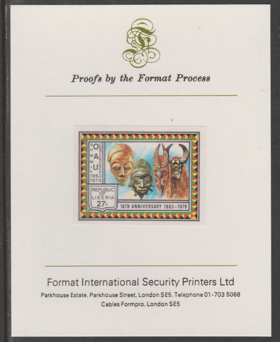Liberia 1979 Organisation for African Unity 27c imperf proof mounted on Format International proof card, as SG 1376, stamps on masks