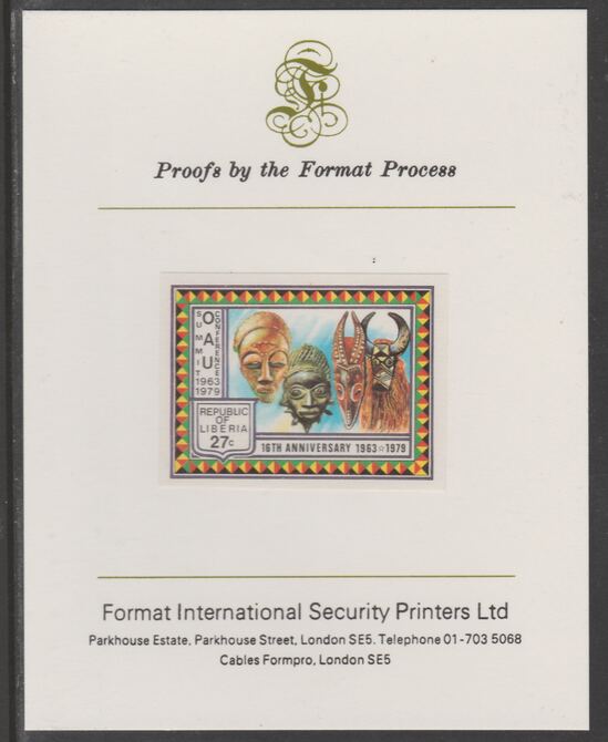 Liberia 1979 Organisation for African Unity 27c imperf proof mounted on Format International proof card, as SG 1376, stamps on , stamps on  stamps on masks