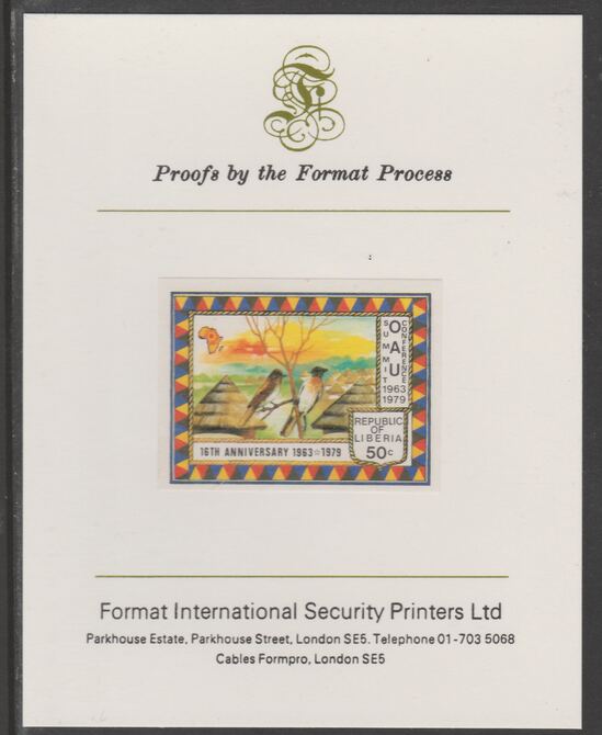 Liberia 1979 Organisation for African Unity 50c imperf proof mounted on Format International proof card, as SG 1378, stamps on , stamps on  stamps on birds, stamps on bulbul