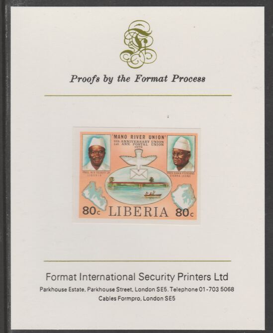 Liberia 1980 Mano River & UPU Anniversarys 80c imperf proof mounted on Format International proof card, as SG 1459, stamps on rivers, stamps on bridges, stamps on upu, stamps on  upu , stamps on 