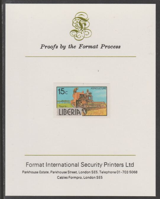 Liberia 1981 Combine Harvester 15c imperf proof mounted on Format International proof card, as SG 1506a, stamps on farming, stamps on agriculture