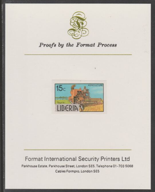 Liberia 1981 Combine Harvester 15c imperf proof mounted on Format International proof card, as SG 1506a, stamps on , stamps on  stamps on farming, stamps on agriculture