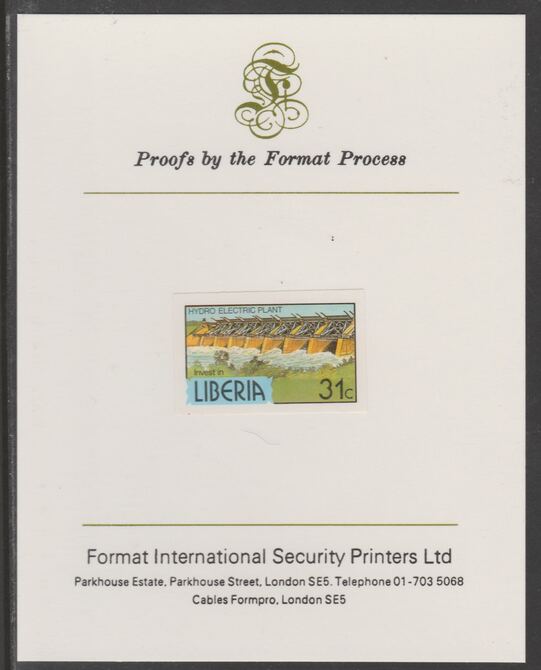 Liberia 1981 Hydro Electric Plant 31c imperf proof mounted on Format International proof card, as SG 1508, stamps on , stamps on  stamps on dams, stamps on energy, stamps on civil engineering, stamps on  stamps on electricity