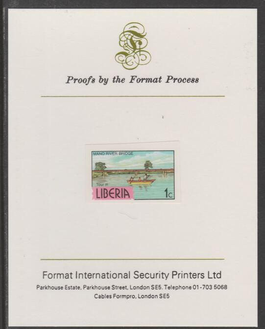 Liberia 1981 Mano River Bridge 1c imperf proof mounted on Format International proof card, as SG 1505a, stamps on , stamps on  stamps on bridges, stamps on civil engineering, stamps on rivers