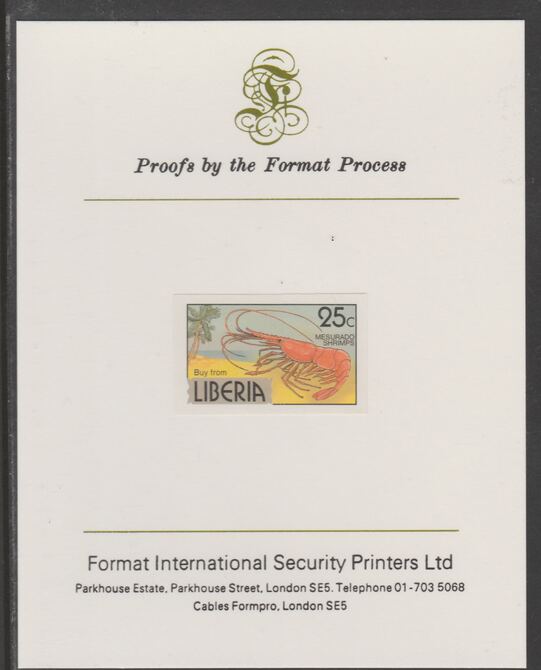 Liberia 1981 Mesurado Shrimp 25c imperf proof mounted on Format International proof card, as SG 1507, stamps on , stamps on  stamps on shrimps, stamps on marine life, stamps on food