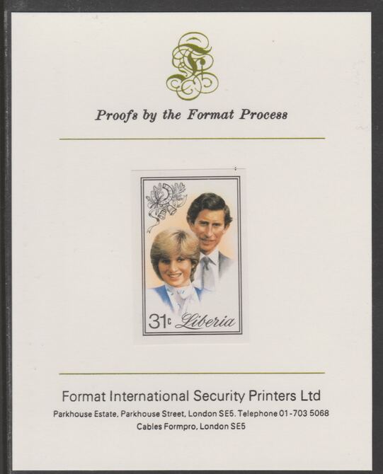 Liberia 1981 Royal Wedding 31c imperf proof mounted on Format International proof card, as SG 1490, stamps on royalty, stamps on charles, stamps on diana