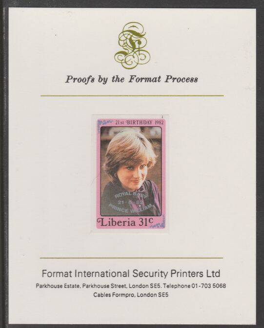 Liberia 1982 Birth of Prince William opt on Diana 21st Birthday 31c imperf proof mounted on Format International proof card, as SG 1544, stamps on , stamps on  stamps on diana, stamps on  stamps on royalty, stamps on  stamps on william