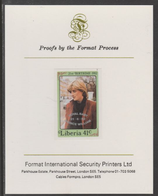 Liberia 1982 Birth of Prince William opt on Diana 21st Birthday 41c imperf proof mounted on Format International proof card, as SG 1545, stamps on diana, stamps on royalty, stamps on william