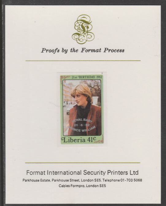 Liberia 1982 Birth of Prince William opt on Diana 21st Birthday 41c imperf proof mounted on Format International proof card, as SG 1545, stamps on , stamps on  stamps on diana, stamps on  stamps on royalty, stamps on  stamps on william