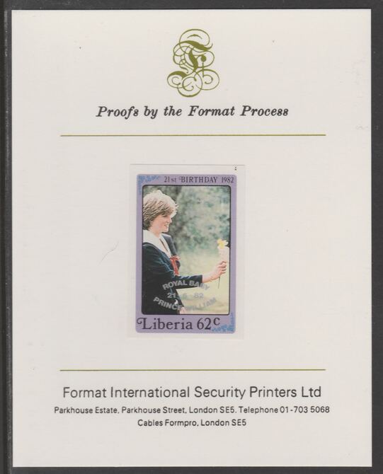 Liberia 1982 Birth of Prince William opt on Diana 21st Birthday 62c imperf proof mounted on Format International proof card, as SG 1546, stamps on diana, stamps on royalty, stamps on william