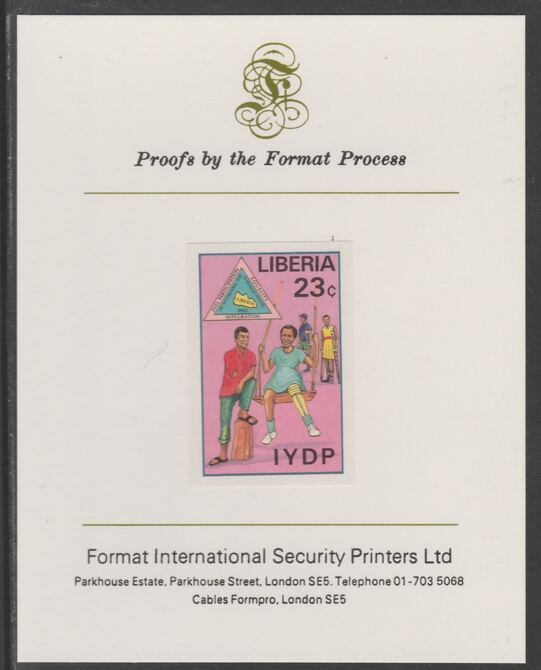 Liberia 1982 International Year of the Disabled 23c imperf proof mounted on Format International proof card, as SG 1515, stamps on , stamps on  stamps on disabled
