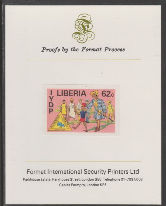 Liberia 1982 International Year of the Disabled 62c imperf proof mounted on Format International proof card, as SG 1516, stamps on disabled