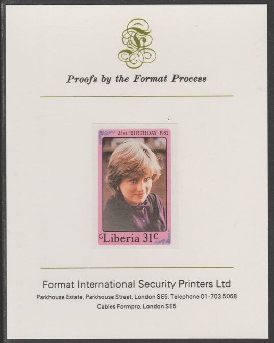 Liberia 1982 Princess Di's 21st Birthday 31c imperf proof mounted on Format International proof card, as SG 1529, stamps on , stamps on  stamps on royalty, stamps on diana