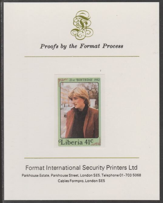 Liberia 1982 Princess Di's 21st Birthday 41c imperf proof mounted on Format International proof card, as SG 1530, stamps on , stamps on  stamps on royalty, stamps on diana