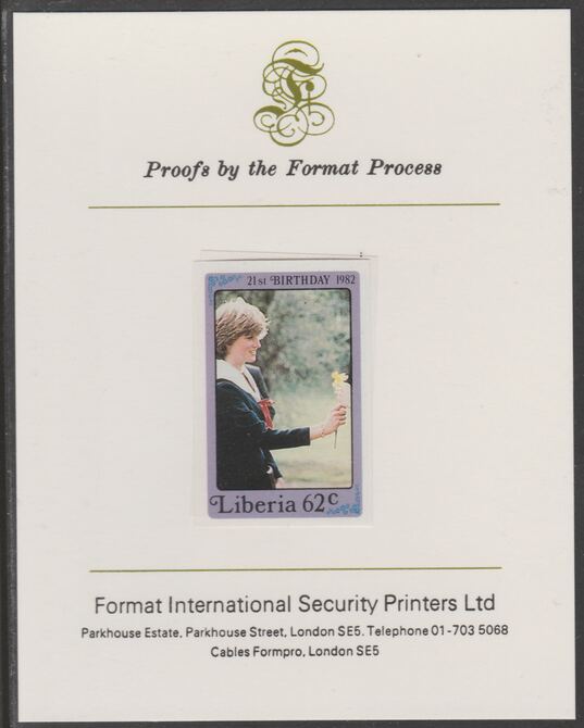 Liberia 1982 Princess Dis 21st Birthday 62c imperf proof mounted on Format International proof card, as SG 1531, stamps on royalty, stamps on diana