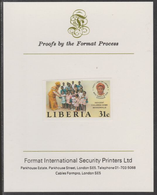 Liberia 1984 Childrens Home 31c imperf proof mounted on Format International proof card, as SG 1596, stamps on children