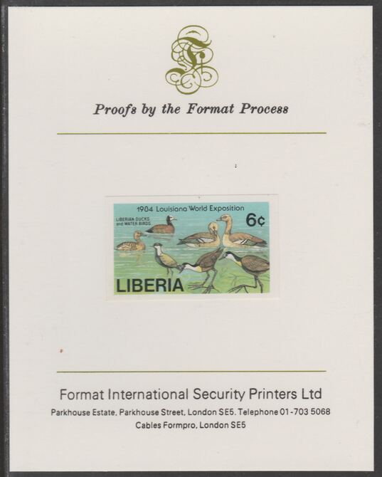 Liberia 1984 Ducks & Water Birds 6c imperf proof mounted on Format International proof card, as SG 1587, stamps on birds