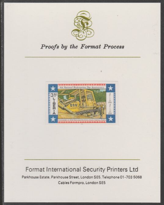 Liberia 1984 Ganta-Harpa Highway Project 31c imperf proof mounted on Format International proof card, as SG 1572, stamps on , stamps on  stamps on roads