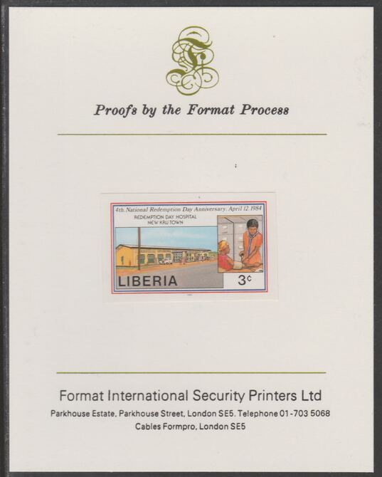 Liberia 1984 Hospital 3c imperf proof mounted on Format International proof card, as SG 1569, stamps on , stamps on  stamps on hospital, stamps on medical
