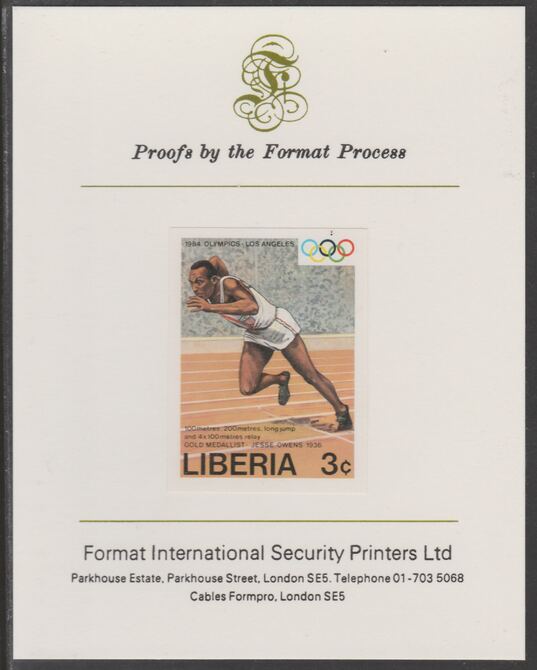 Liberia 1984 Jesse Owens (Sprinter) 3c imperf proof mounted on Format International proof card, as SG 1581, stamps on , stamps on  stamps on sport, stamps on olympics, stamps on running, stamps on long jump