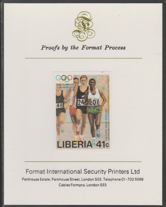 Liberia 1984 Kipchoge Keino (Runner) 41c imperf proof mounted on Format International proof card, as SG 1584, stamps on , stamps on  stamps on sport, stamps on olympics, stamps on running, stamps on steeplechase