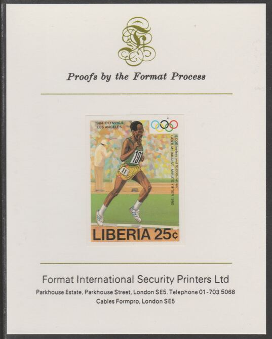 Liberia 1984 Mirutus Yifter (Runner) 25c imperf proof mounted on Format International proof card, as SG 1583, stamps on , stamps on  stamps on sport, stamps on olympics, stamps on running